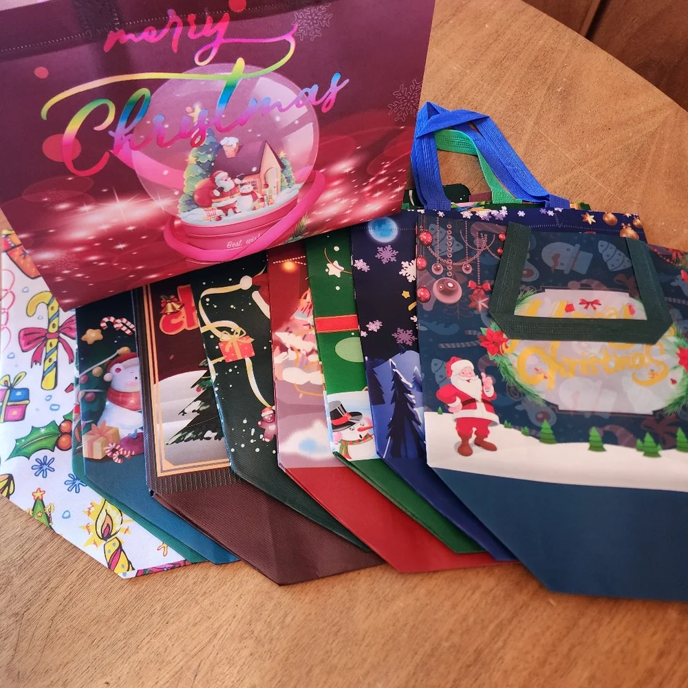 10 Festive Christmas Gift Bags Set. Size Last Photo. Great Reuseable Pastic Bags
